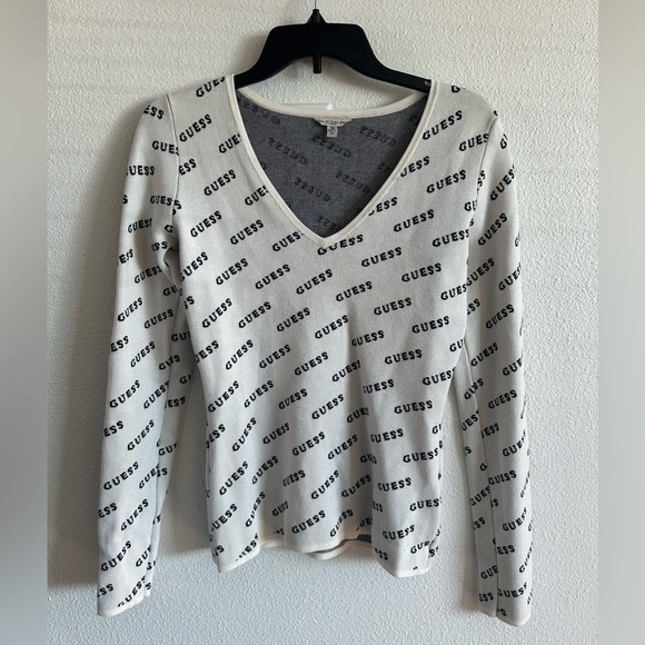 Guess White V-Neck Logo Sweater - Picture 1 of 4